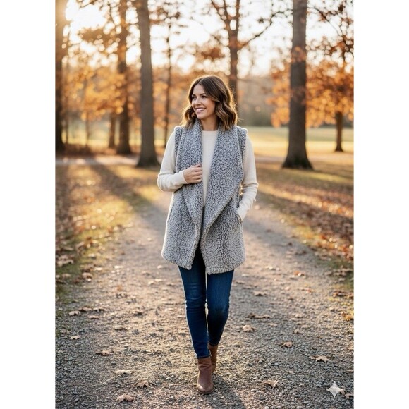 Eddie Bauer Women's Gray Sherpa Fuzzy Vest Open Front Teddy Fleece Cozy Soft Med - Picture 2 of 8